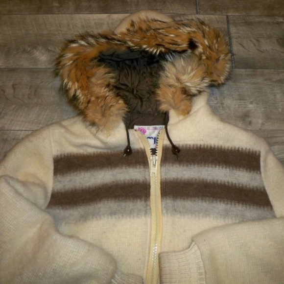 Vintage Gemini Parka Womens Fur Hoodie Striped Wool Blanket Coat Jacket Size 14 - Picture 2 of 8